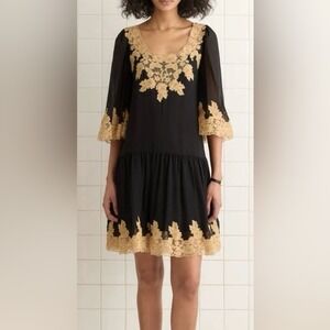 Bode Marisel Dress Black Natural Lace Applique Mini Drop Waist WRS25DR022 XS New